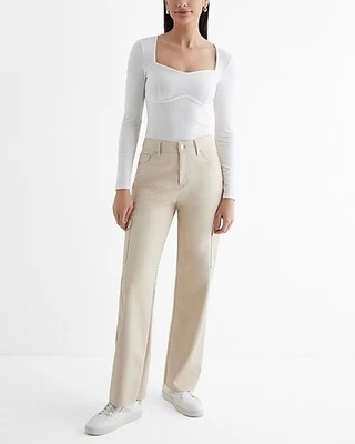 NWT Express High Waisted Faux Leather Wide Leg Cargo Pants Sz 0 Cream 0R NIP - Image 1 of 4