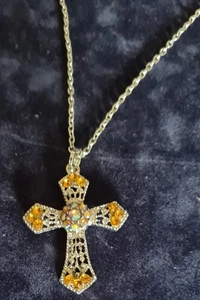 Vintage Kreuz mit Swarovski Steinen und Halskette,  Länge Erweiterbar,  - Bild 1 von 7