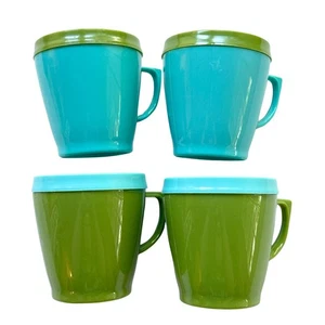 4er Set blau grün Farbblock Melamin Tassen Becher - 70er Melmac Camping Picknick - Bild 1 von 6
