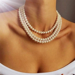3 Layers Pearl Imitation White Cream Simple Handmade Strand Bead Necklace Women - Picture 1 of 5