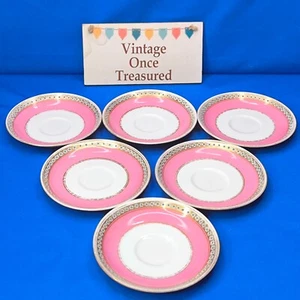 Antique Victorian Pink & Gold Set * 6 Saucers / Pot Stands * Raised Enamel Dots - Picture 1 of 9