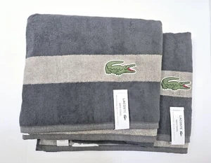 Lacoste SET OF 2 Gray Bath Towels 100% Cotton 30" x 52" Crocodile Logo NWT - Picture 1 of 4