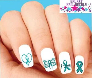 Waterslide Nail Decals - Set of 20 Teal Cervical Ovarian Cancer Ribbon Assorted - Picture 1 of 1