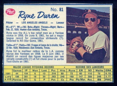 1962 POST CANADIAN MLB BASEBALL #81 RYNE DUREN EX+ L A CALIFORNIA  ANGELS Card - Image 1 of 2