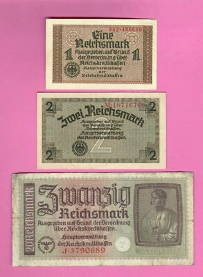 ALEMANIA LETONIA LOTE DE 3 BILLETES 1, 2, 20 RM 1940-45 ÁGUILA CON ESVÁSTICA 153 Foto 1 de 2