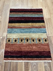 FINA ALFOMBRA DE LANA AFGANA HECHA A MANO DISEÑO A RAYAS 90 X 62 CM - Imagen 1 de 12