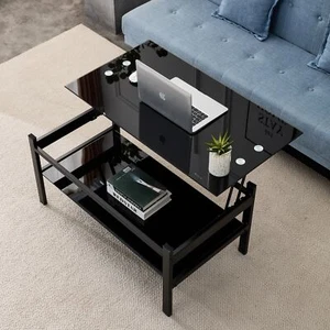 Glass Lift Top Coffee Table, 2-Layer Tempered Glass, Modern Simple, Black - Picture 1 of 12
