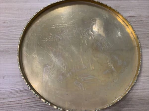 12" Old Chinese Scholars Engraved Brass Circular Scalloped Edge Serving Tray - Picture 1 of 12