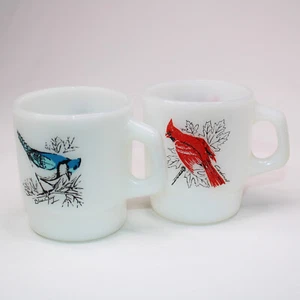 2 VTG Anchor Hocking Fire King Milk Glass D Handle Coffee Cup Cardinal Blue Jay - Picture 1 of 16