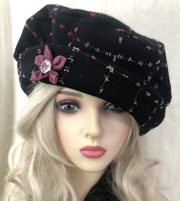 Sombrero Cloche Mujer Negro y Rosa Estampado a Cuadros Estilo Eduardiano Mezcla Lana Foto 1 de 4