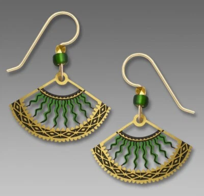 Adajio Earrings - Green and Gold Fan with Curved Bolts Handmade in USA 7657 - Image 1 of 4