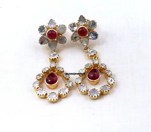 Elegant Ruby & Polki Dangle Earring 925 Sterling Silver Earring Gift For Her - Picture 1 of 9