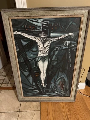 John Boison Surreal Oil Painting Jesus Christ Crucifixion On The Cross Religious - Image 1 of 4