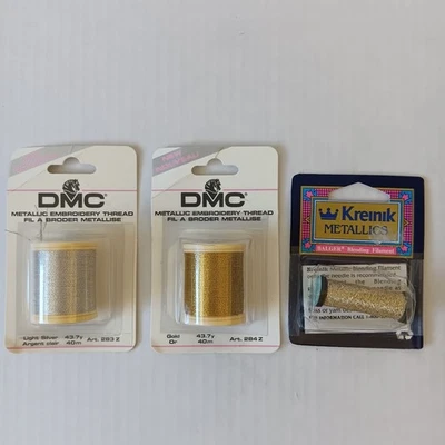 Lot of 3 DMC/Kreinik Metallic Embroidery Thread Gold Silver - Image 1 of 4