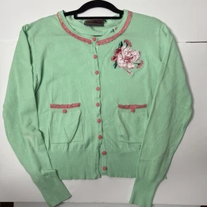 Voodoo Vixen Cardigan Women’s XXL Mint Green Pink Rose Buttons (see notes) - Picture 1 of 6