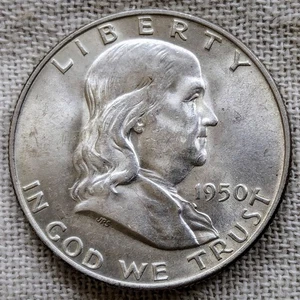 1950 D Franklin Half Dollar UNC BU: Toned Reverse, Lower Mintage 8M - .9 Fine - Bild 1 von 8