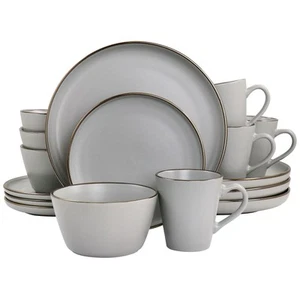 Elama Louis 16 Piece Stoneware Dinnerware Set in Matte Slate with Gold Rim - Picture 1 of 1