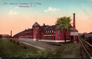 EISENBAHN POSTKARTE American Locomotive Co.s Werke Schenectady N.Y. Gebäude Schild - Bild 1 von 2