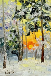 Original Oil Painting Winter Sunset Landscape Forest Impressionism Art Signed - Picture 1 of 7