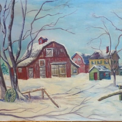Antigua Nueva Inglaterra Invierno Paisaje Granja Pintura al Óleo Graneros Casa Colonial 16x20 Foto 1 de 4