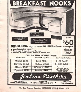 Jenkins Brothers Breakfast Nook Los Angeles CA Swivel 1958 Vtg Magazine Print Ad - Picture 1 of 1