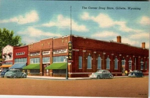 Postal de lino Gillette Wyoming WY Corner farmacia UNP - Imagen 1 de 2