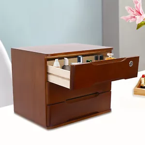 3-Tier File Cabinet Organizer Walnut Desktop Storage Box with Lockable Drawers - Picture 1 of 19