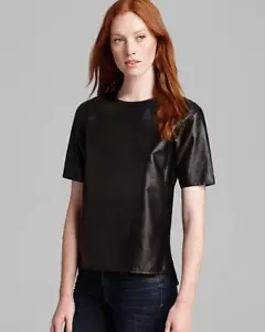 Vince Black Leather High Low S/S Tee Top $595 NWT XS - Picture 1 of 1