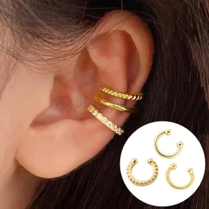 Ear Cuff 3pcs Set Sterling Silver Round CZ Gold Plated Cartilage Helix Clip On - Picture 1 of 8