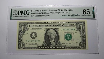 $1 1995 Radar Serial Number Federal Reserve Currency Bank Note Bill PMG UNC65EPQ - Image 1 of 3