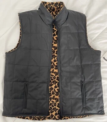 KC Collections Women's Cheetah Print Black Quilted Vinyl Reversible Vest Size XL - Image 1 of 4