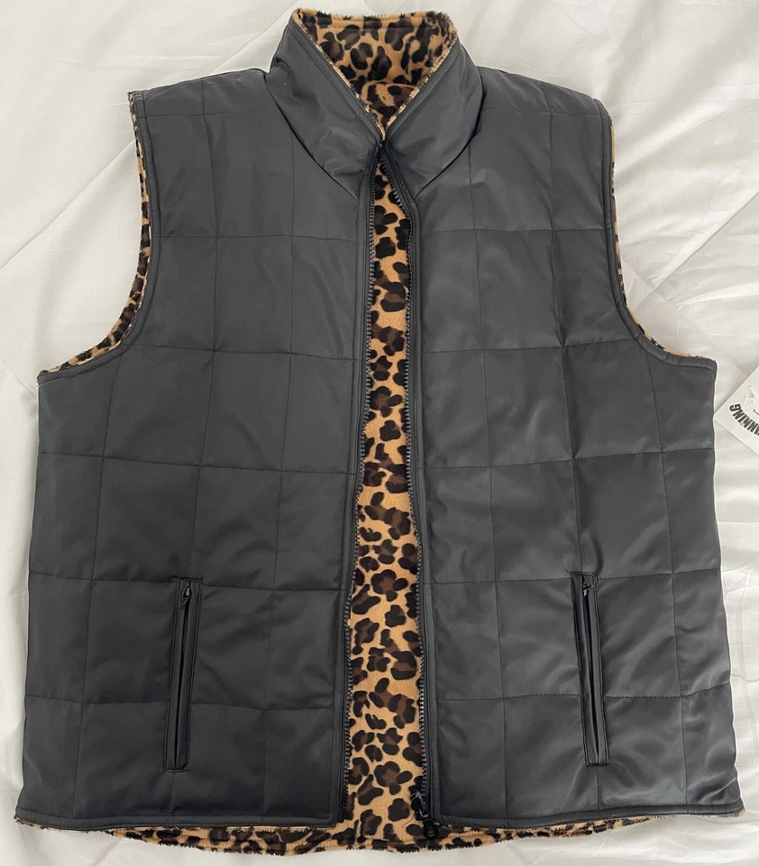 KC Collections Women's Cheetah Print Black Quilted Vinyl Reversible Vest Size XL - Image 1 of 4