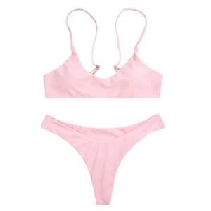 Costume da bagno donna rosa nude bikini top a fascia coppe con slip brasiliana - Picture 1 of 5