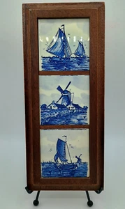 Vintage Delft Blue Holland Windmills Sailboats Tiles Wood Frame Wall Hanging - Picture 1 of 9
