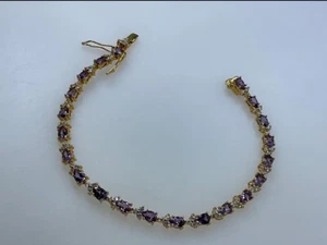"Brazalete vintage de piedras circonitas púrpuras y transparentes de plata de ley 925 lavada en oro de 8 1/2""" - Imagen 1 de 17