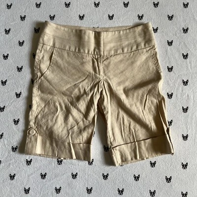 Bermudas Y2K Bebe Talla 0 Beige Tiro Medio Bolsillos 100% Lino *NEGOCIOS/CAS* Foto 1 de 4
