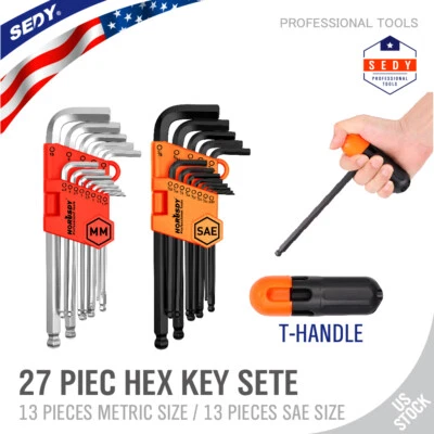 26 Allen Wrench Set Hex Key Set Tool Alan Hex Metric SAE Ball End Short Long Arm - Image 1 of 4