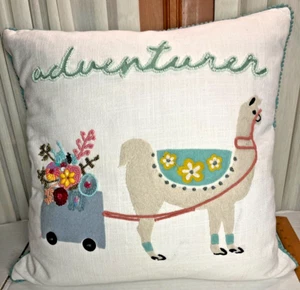 Bunny Tales Brand Pillow 18"x 18" Beaded Embellished Flowers Llama "Adventurer" - Picture 1 of 13