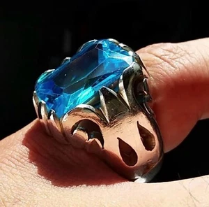 Solid 925 Sterling Silver Sky Blue Topaz Zircon Cut Gemstone Designer Men's Ring - Picture 1 of 12