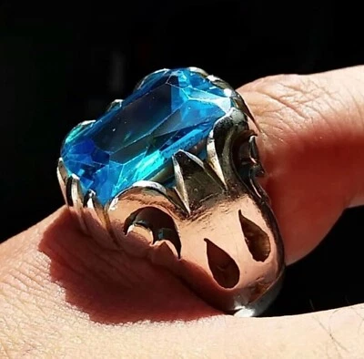 Solid 925 Sterling Silver Sky Blue Topaz Zircon Cut Gemstone Designer Men's Ring - Image 1 of 4