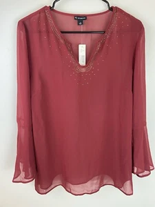 NWT New Directions Womens Sheer Spice Red Jeweled Top Size Medium - Picture 1 of 7