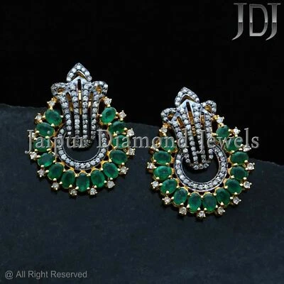 Natürlicher Smaragd Edelstein Pflastern Diamant 925 Silber Stud Schmuck Designer - Bild 1 von 4