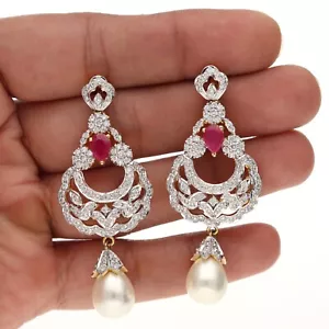 Pendientes colgantes de circonitas cúbicas de rubí y perlas joyería - Imagen 1 de 6