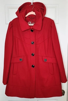 Guess Mezcla de Lana Rojo Chaquetón Forrado Bolsillos Capucha Extraíble Para Mujer Talla Grande 2X Foto 1 de 4
