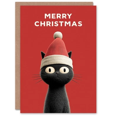 ARTERY8 Christmas Card Black Cat Lover Cute Pet Wearing Santa Hat
