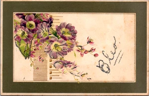 Antiguo nombre de flores púrpuras y brillo con borde postal de saludo en relieve - Imagen 1 de 2