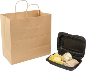 Recyclable Paper Kraft Bags with Handles - 12.75" x 10.25" - Case of 250 - Picture 1 of 5