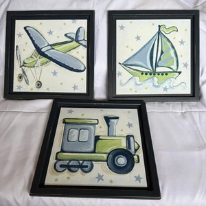 Kid’s Room Painting Plane/Train/Sailboat -Set of 3 - 16”x16” each Blue - Picture 1 of 12