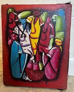 Vintage haitianische Volkskunst Gemälde auf Stoff signiert "Marktplatz" Haiti 8x10" - Bild 1 von 2