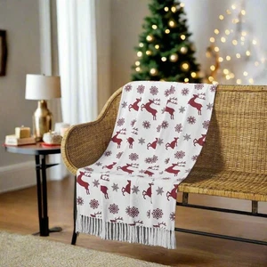 Primitive Christmas Scandia Snowflake Red White Woven Throw 50x60 - Picture 1 of 5